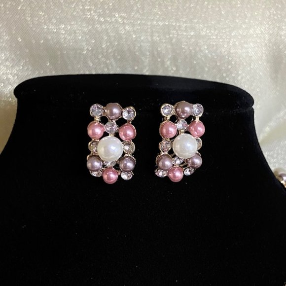 💖Pearl Necklace set. Faux White, Pink, Mauve Pearls & Rhinestones 18-1/2 /NS202 - Picture 3 of 4